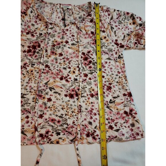 Andrée By Unit Red Olive & Mustard Floral‎ Long Sleeve Blouse Tie Neck Size S - Picture 13 of 15